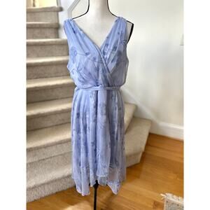 DKNY Dusty Blue Embroidered Floral Sleeveless Asymmetric Hem Midi Dress